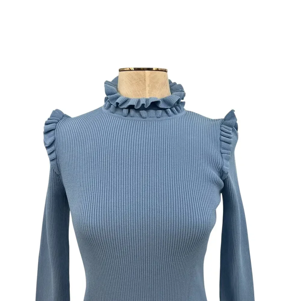 Sandro Spoon Ruffled Sweater Turtleneck Ruffle Cornflower Blue Size 2 US‎ Medium